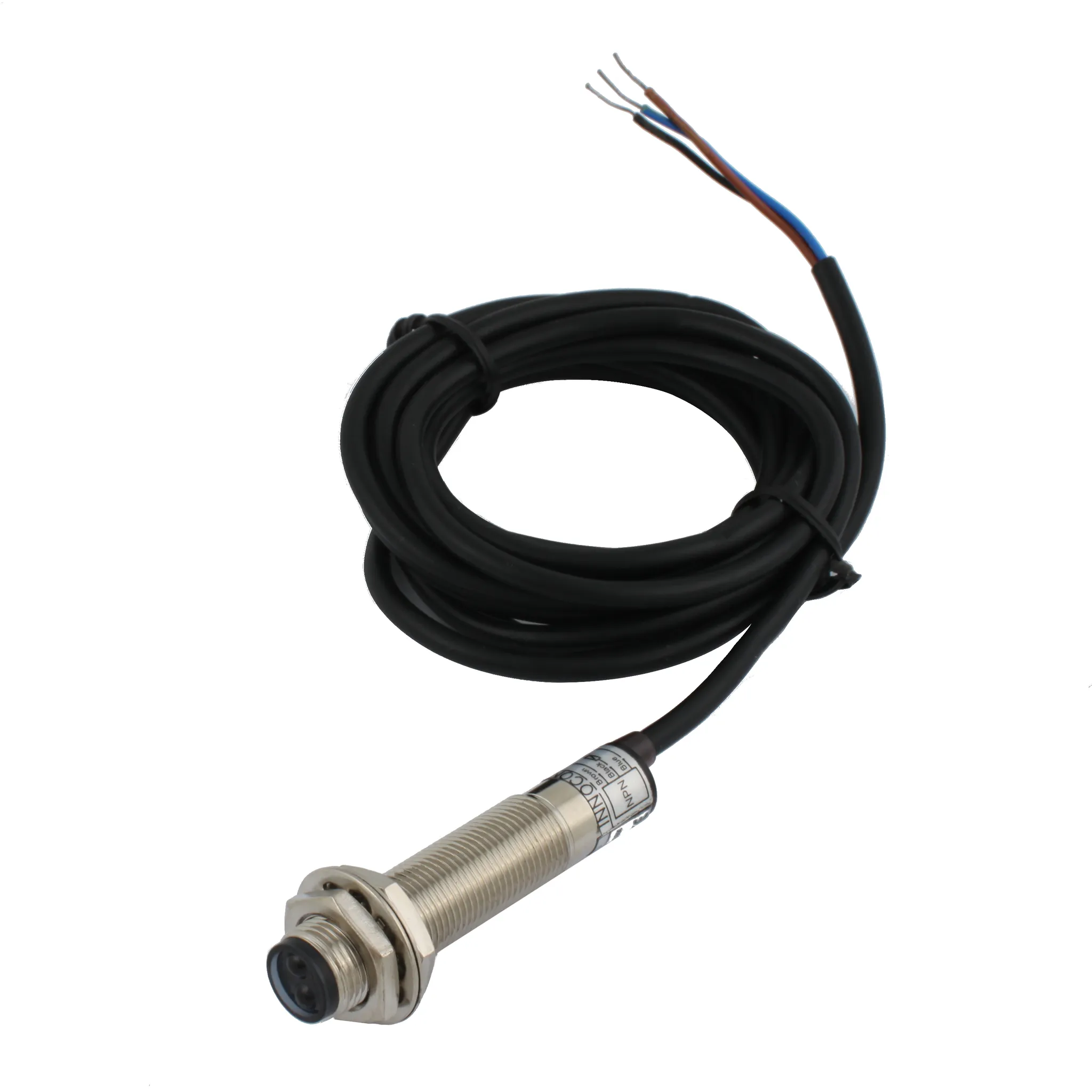 INNOCONT Фотодатчик диффузионный, М12x1, зона срабатывания до 10 см, -10 +60 С, 12…24 VDC, IP67, выход: NPN NO, макс. ток 200 мА, время реакции 3 мс, кабель 2 м PES-D12-NO10D