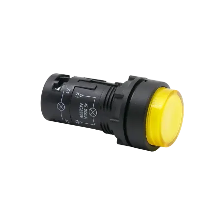 Кнопка желтая выступающая с подсветкой, 1NO, 220V AC, IP54, пластик