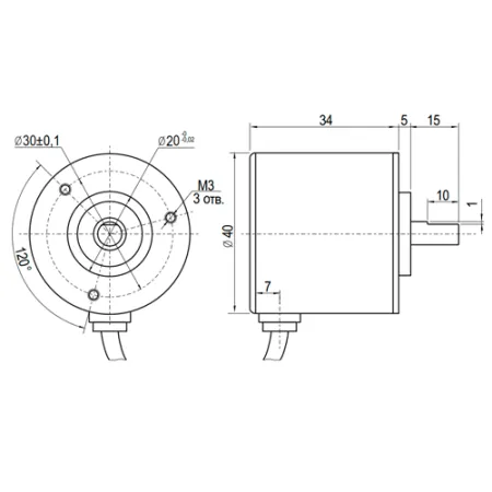 Инкрементальный энкодер D=40мм, выступающий вал 6мм, 360 имп/об, 24VDC, выход HTL, IP54, -20…+80°C, радиальный кабель 2м