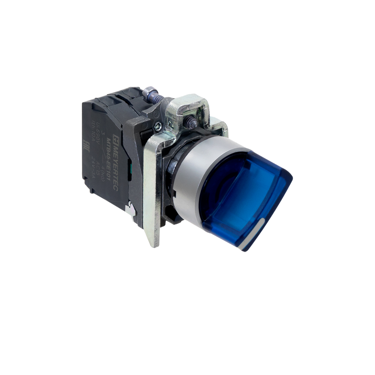 Переключатель  на 3 положения с фиксацией и подсветкой, синий, 1NO, 220V AC/DC, IP65, металл
