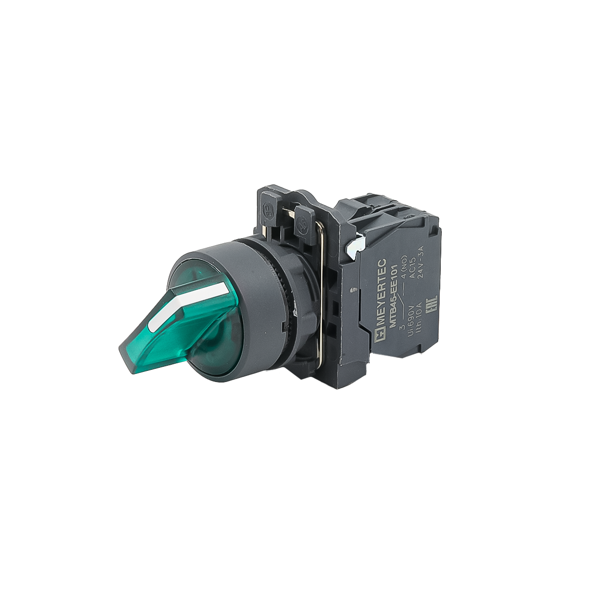 Переключатель  на 3 положения с фиксацией и подсветкой,  зеленый, 1NO, 220V AC/DC, IP65, пластик