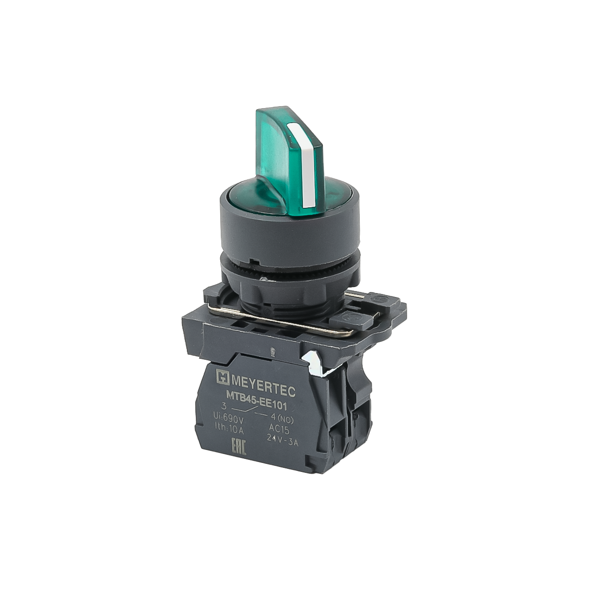 Переключатель  на 3 положения с фиксацией и подсветкой,  зеленый, 1NO, 220V AC/DC, IP65, пластик