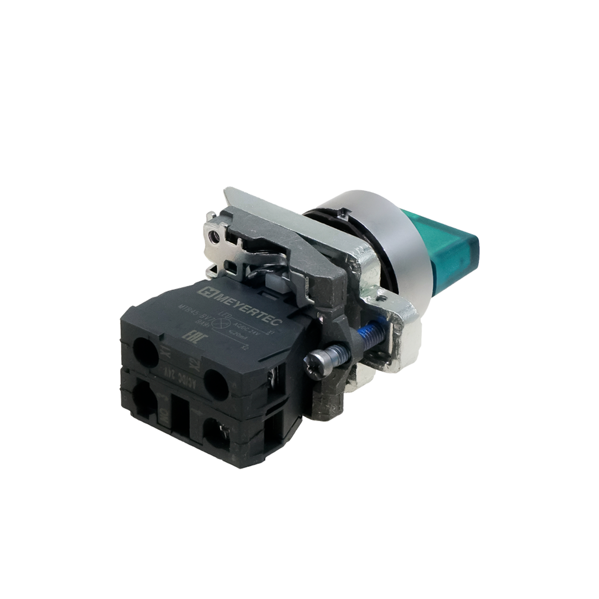 Переключатель  на 2 положения с фиксацией и подсветкой,  зеленый, 1NO, 24V AC/DC, IP65, металл