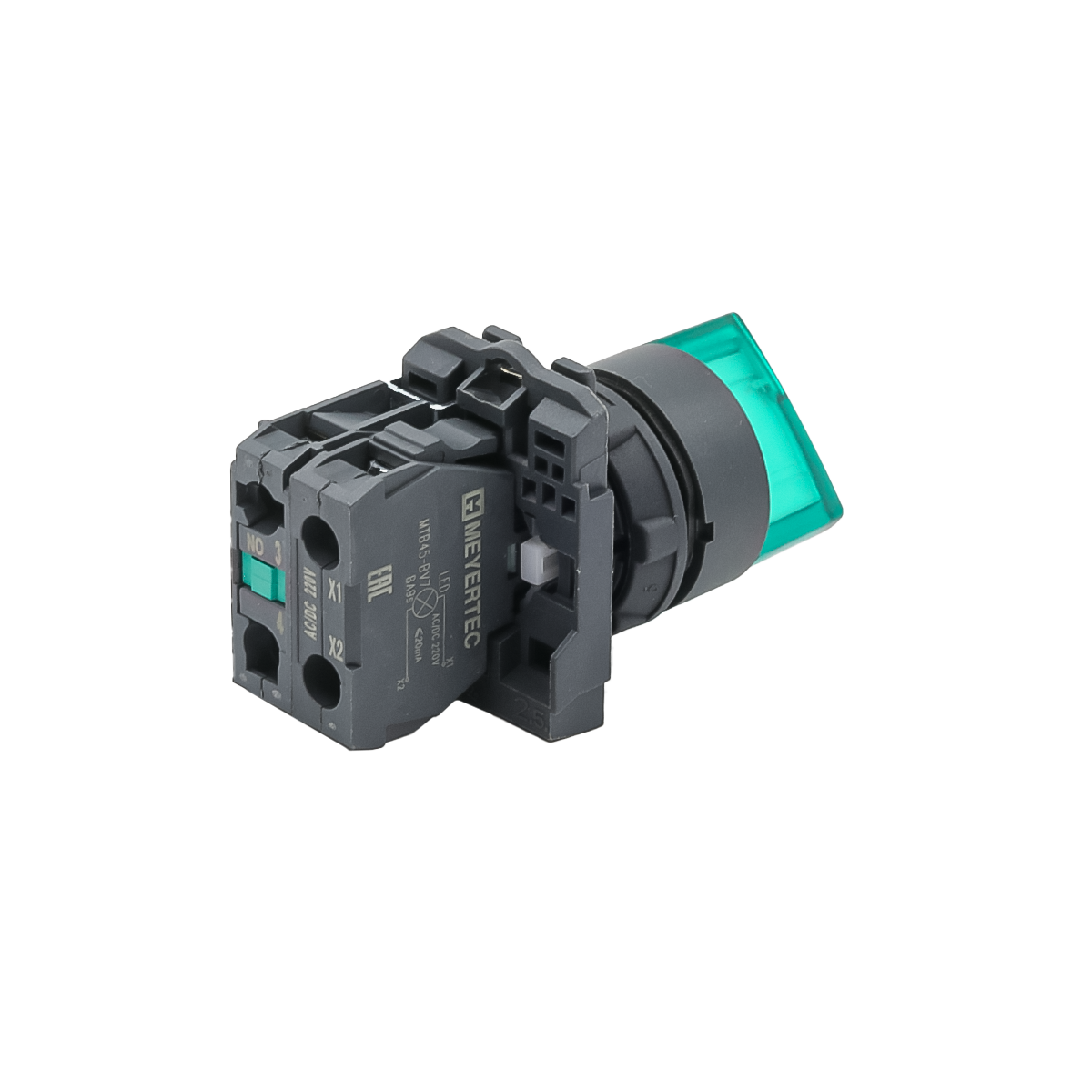 Переключатель  на 3 положения с фиксацией и подсветкой,  зеленый, 1NO, 220V AC/DC, IP65, пластик