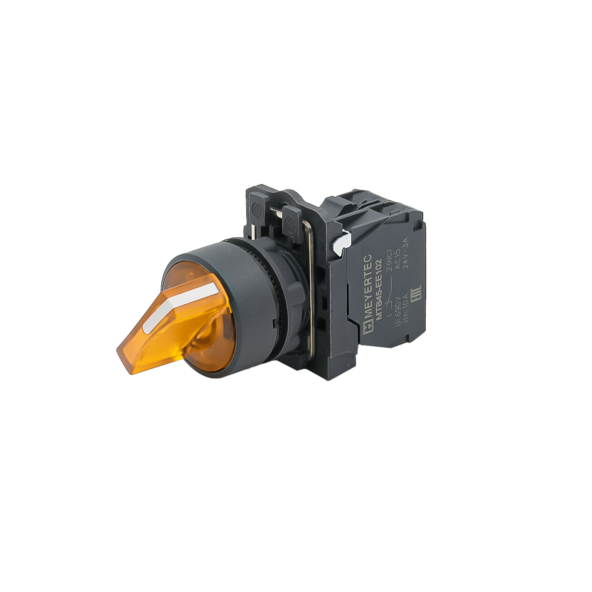 Переключатель  на 2 положения с фиксацией и подсветкой,  желтый, 1NO, 24V AC/DC, IP65, пластик