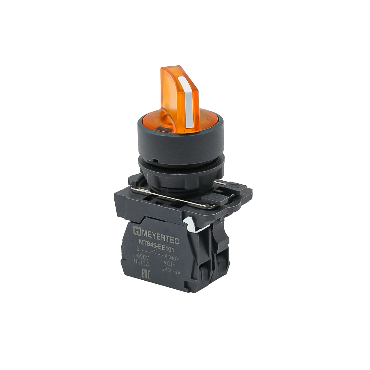 Переключатель  на 2 положения с фиксацией и подсветкой,  желтый, 1NO, 24V AC/DC, IP65, пластик